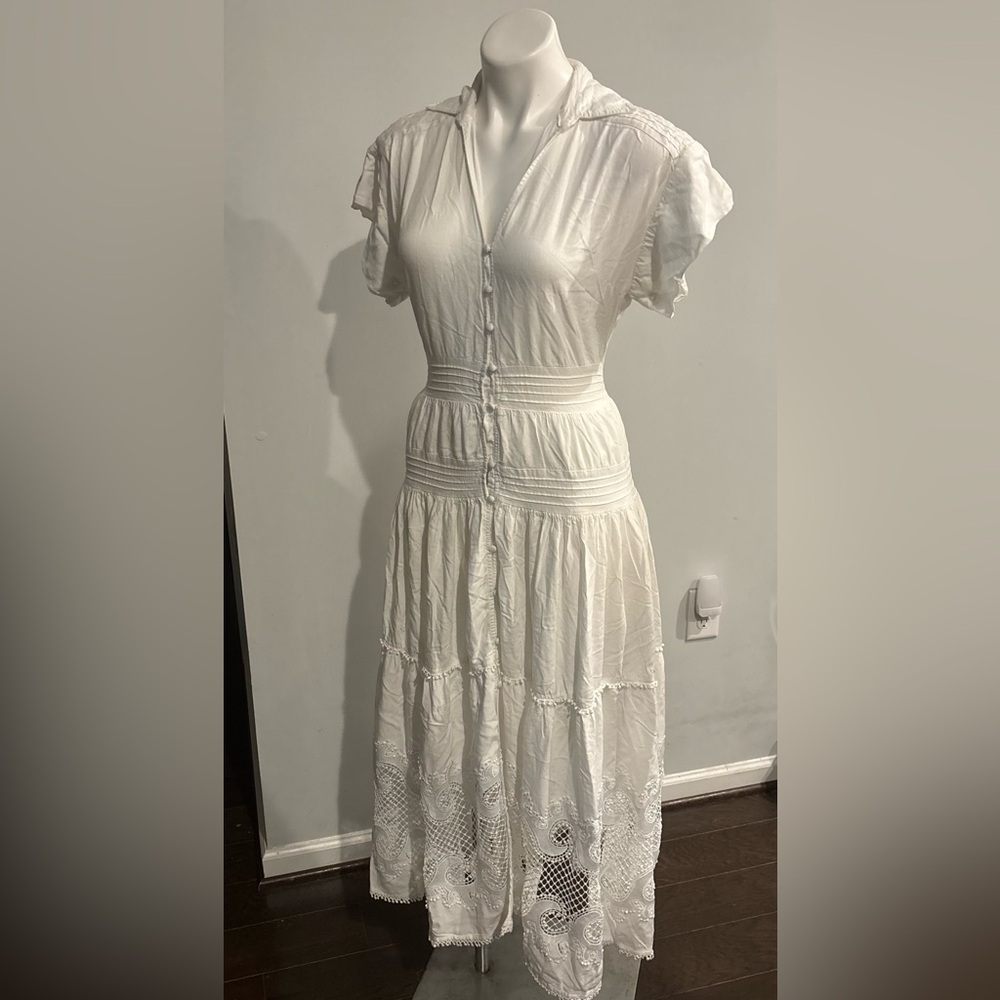 Maje Embroidered Ruffled Maxi Dress with Button-Front EU 38 - Picture 3 of 12